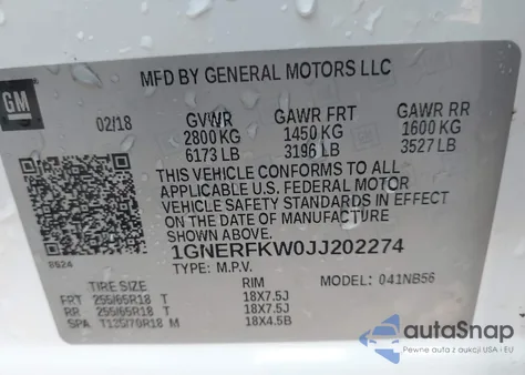 2018 Chevrolet Traverse Ls z USA, uszkodzony, nr VIN 1GNERFKW0JJ202274